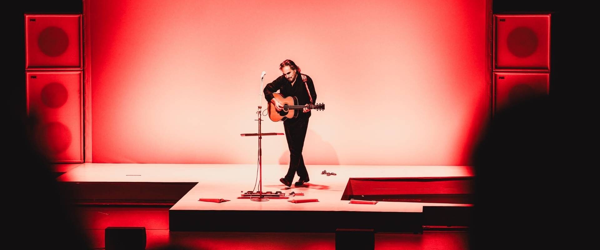 Stephan Eicher seul en scène joue de la guitare lors de son concert.